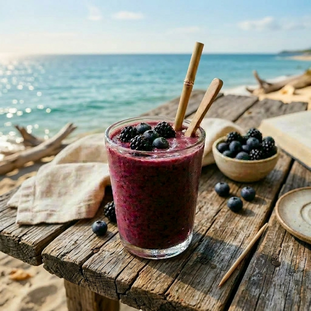Glass of purple mixed berry smoothie topped with raspberries, blueberries, blackberries, mint, and granola